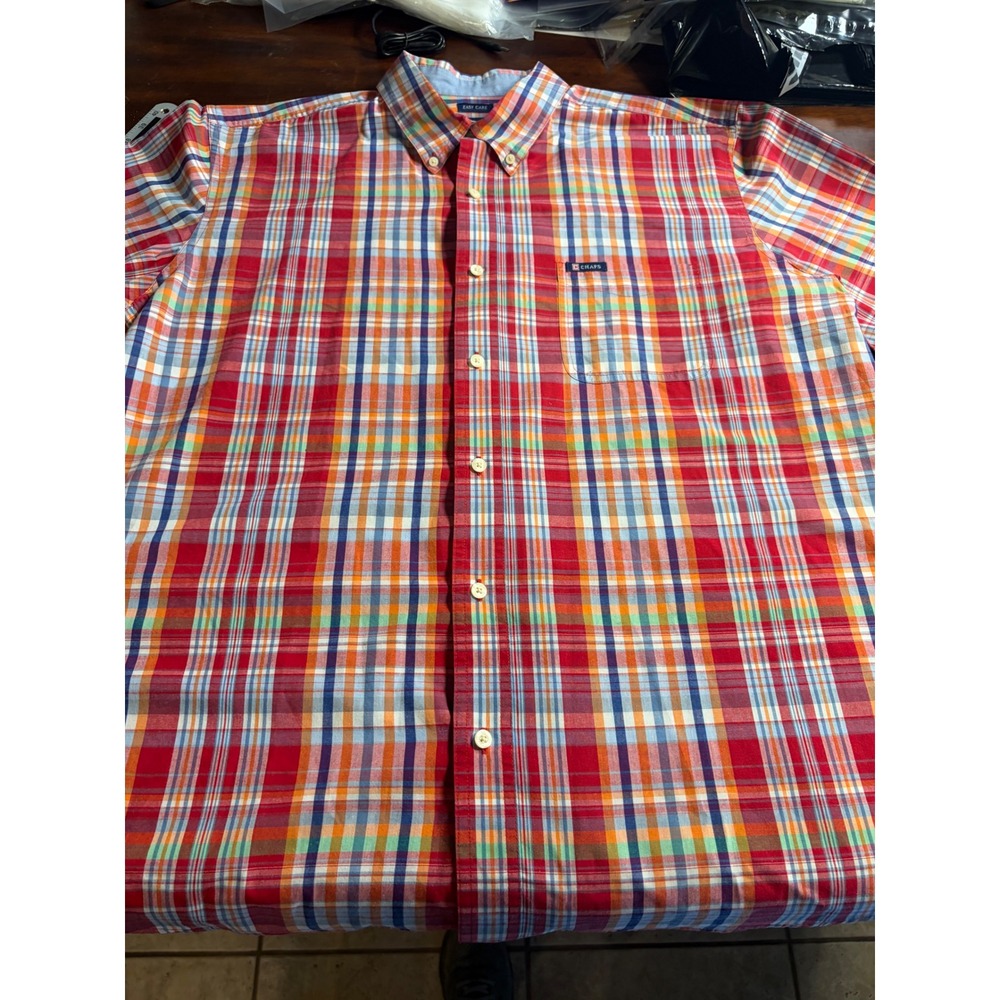 Chaps Mens XXL Easy Care Short Sleeve Button Down Shirt Multicolor Plaid Red